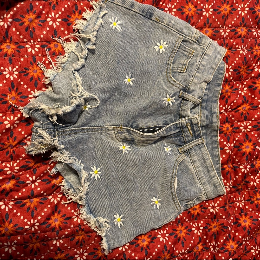 SHEIN Blue Denim Shorts with Daisy Embroidery Small